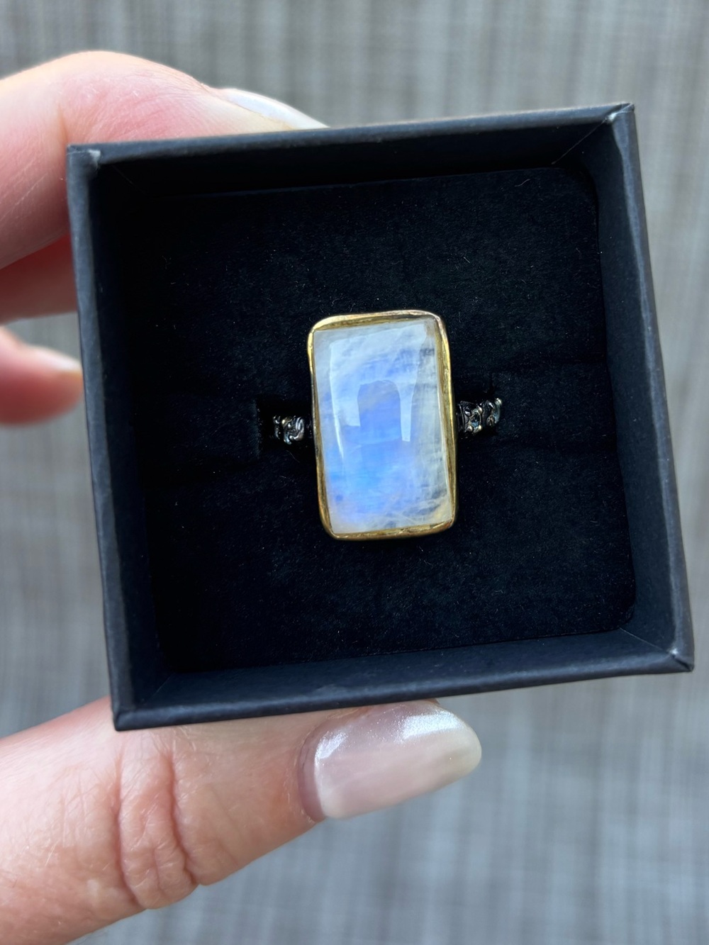 Artisan Rhodium & Brass Moonstone Statement Ring -Size 7